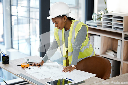 Image of Architecture, planning and blueprint with black woman in office for engineering, illustration and project management. Buildings, designer and construction with contractor and graphic floor plans