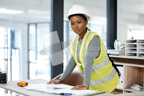 Image of Architecture, planning and blueprint with portrait of black woman in office for engineering, illustration and project management. Buildings, designer and construction with contractor and floor plans