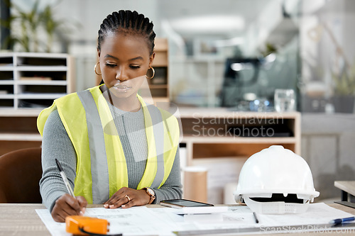 Image of Architecture, writing and blueprint with black woman in office for engineering, illustration and project management. Buildings, designer and construction with contractor and graphic floor plans