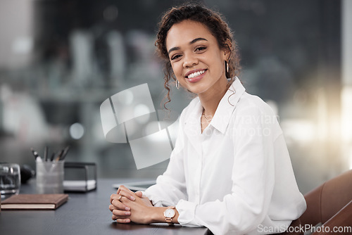 Image of Professional woman, smile and confident in portrait, administration assistant at office with success and business mindset. Corporate female person in admin, career mission and ambition in workplace