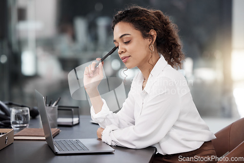 Image of Business woman, laptop and thinking for strategy, planning or corporate decision on office desk. Female person or employee in wonder, choice or doubt on computer for project plan at the workplace