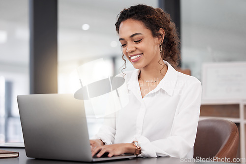 Image of Office, happy and business woman on laptop for research project, online proposal and browse website. Thinking, corporate and female worker typing on computer for planning, internet and writing email