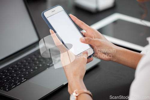 Image of Hands, mockup and closeup of a woman with a phone networking on social media or mobile app. Technology, communication and female person browsing on the internet with cellphone with mock up space.