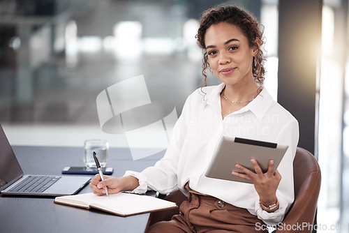 Image of Tablet, woman and portrait of accountant taking notes in office and writing in notebook. Technology, face and African female entrepreneur, auditor or person from South Africa with pride for career.