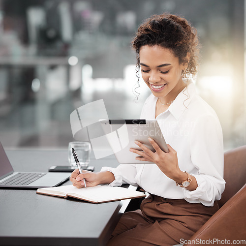 Image of Tablet, business woman and accountant taking notes, smile and working on project. Technology, notebook and African female entrepreneur, auditor or person research for accounting, email and writing.