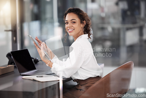 Image of Business woman, portrait and tablet for data, research or social media with smile at the office. Happy female person or employee smiling with technology for communication or networking at workplace