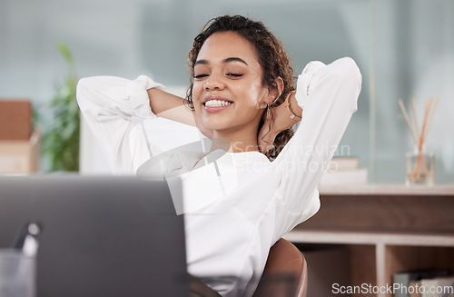Image of Laptop, relax and business woman in office resting after working on project, online proposal and report. Corporate workplace, professional and female worker complete, done and finish on computer