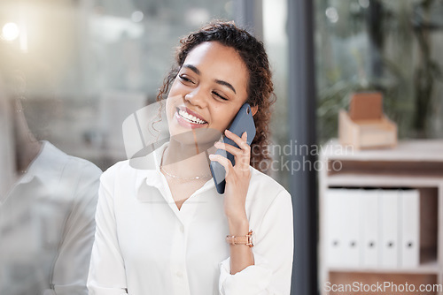 Image of Phone call, happy and business woman in office talking, in discussion and conversation with smile. Communication, networking and female worker on smartphone speak for planning, contact and connection