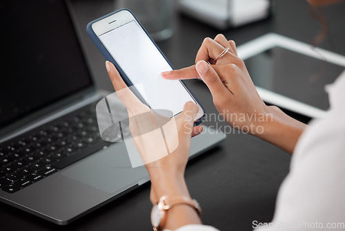 Image of Hands, mock up and closeup of a businesswoman with a phone networking on social media or mobile app. Technology, communication and female person browsing on internet with cellphone with mockup space.