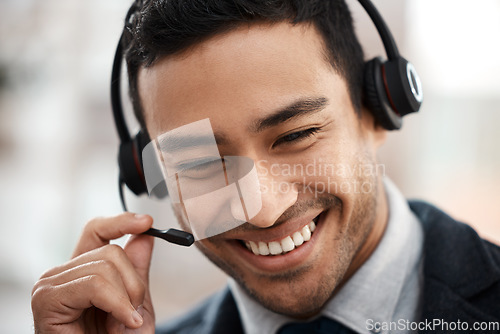 Image of Call center, headset and conversation with business man in office for contact us, communication and customer service. Networking, crm and advice with employee for help desk and technical support