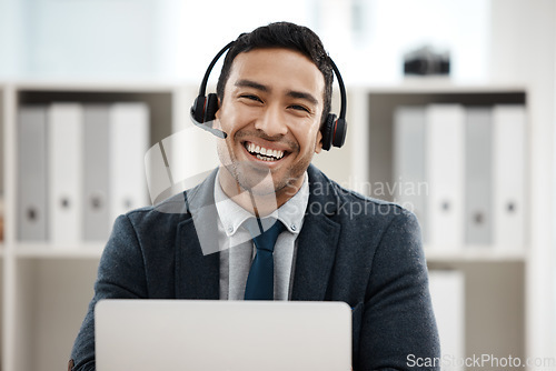 Image of Call center, portrait and consulting with business man in office for contact us, communication or customer service. Networking, technology and advice with employee for help desk and technical support