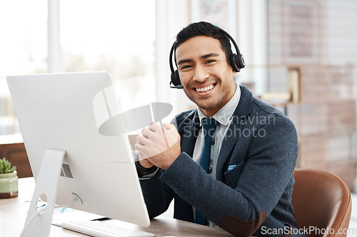 Image of Business man, call center and happy face with telemarketing and phone consultation work. Support, contact us and male worker by a computer for consultant and customer service in a office with tech