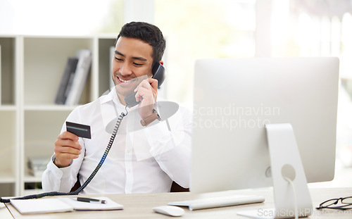 Image of Business, phone call and man with a credit card, payment and speaking with ecommerce, banking and confirm transaction. Male person, happy employee and guy with a telephone, finance and investment