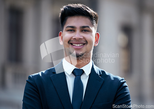 Image of Lawyer, portrait and business man in city, smile and pride for career or job outdoor in town. Face, happy and confident professional, entrepreneur and male attorney from India with success mindset.