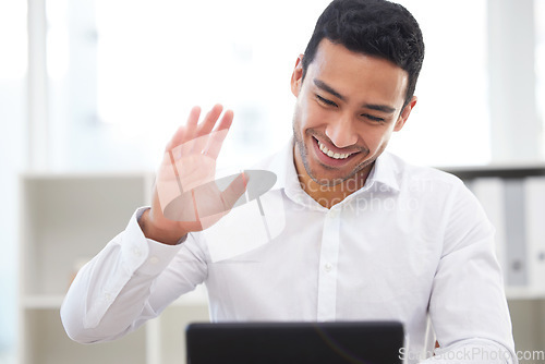 Image of Smile, wave and Asian man on a tablet video call for a webinar, meeting or networking online. Happy, hello and a young businessman in conversation on technology and greeting on a virtual conference