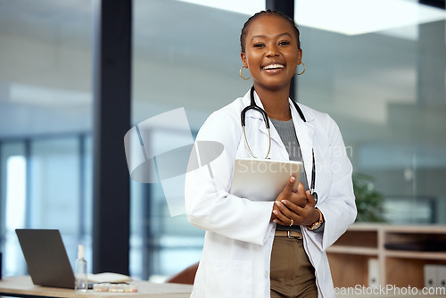 Image of Portrait, doctor and black woman with a tablet, smile and connection with innovation, network and happiness. Face, female person and medical professional with technology, healthcare and happiness