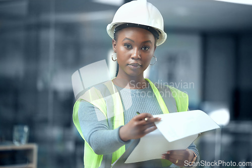 Image of Portrait, engineer and checklist for construction or building inspection, survey and checking logistics on project. Black woman, working on clipboard and contractor writing on paper and document