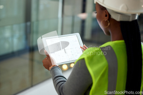 Image of Woman engineer, tablet and architect floor plan on engineering app with illustration or blueprint. Back of african female contractor on tech for construction design, development or planning on screen