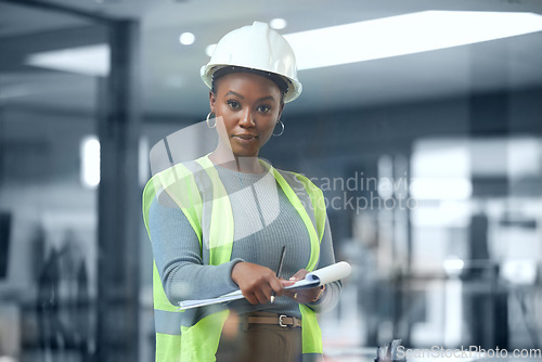 Image of Architect, portrait and checklist for construction or building inspection, survey and checking logistics on project. Black woman, working on clipboard and contractor writing on paper and document