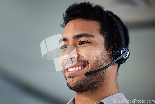 Image of Call center, smile and business man, telemarketing and customer service in office. Crm, contact us and Asian male sales agent, consultant and employee work on help desk, support and listening mockup.