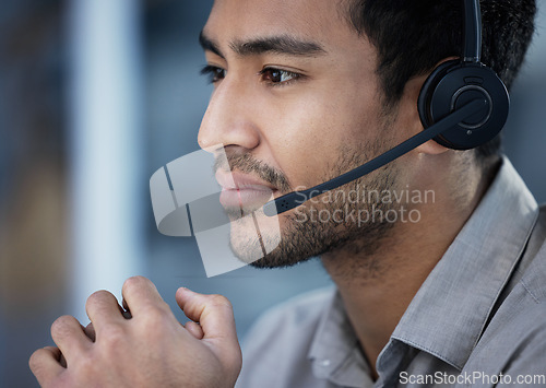 Image of Call center, business man and telemarketing profile for customer service, support and listening in office. Crm, contact us and Asian male sales agent, consultant and employee working for help desk.