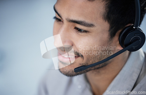 Image of Call center, telemarketing and business man smile for customer service, support and listening in office mockup. Crm, contact us and Asian male sales agent, consultant and employee consulting for help