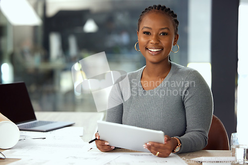 Image of Business, portrait and black woman with tablet in office, workplace or working in professional agency. Happy employee, technology and work on email, internet networking or typing an online search