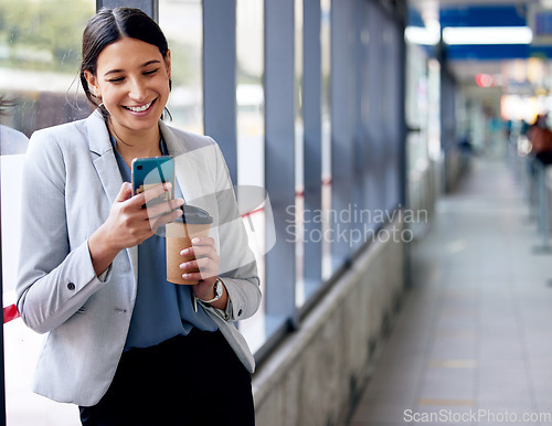 Image of Business woman on coffee break, smartphone and contact with communication and smile at meme on social media. Happy female worker, travel and online mobile chat with space and relax with drink