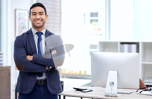 Image of Corporate, arms crossed and portrait of business man in office for happy, professional and pride. Happiness, smile and entrepreneur with male employee for mission, natural and management