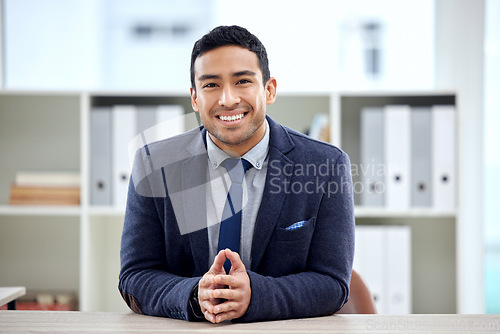 Image of Portrait, office and happy business man, consultant or advisor in client POV for discussion, financial leader and help. Face of young accountant, corporate employee or asian person at his desk