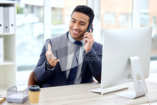 Image of Phone call, advice and business man in office, communication and discussion for finance, planning or feedback. Financial advisor, corporate employee or happy asian person talk on mobile and computer