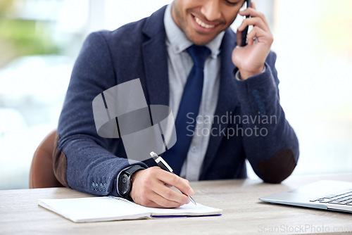 Image of Writing, phone call and business man with notebook for planning, communication and advice, schedule or calendar. Happy professional worker or corporate person with journal, mobile chat and ideas