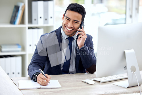 Image of Phone call, writing and business man in office planning, notebook brainstorming or talking. reminder and virtual advice. Corporate employee or asian person for notes, mobile conversation and thinking