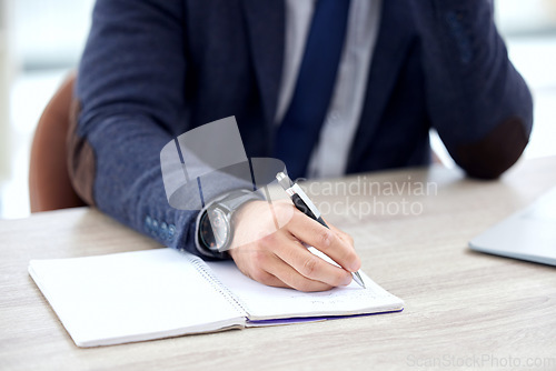 Image of Writing, notebook and business man hands for career planning, notebook reminderand schedule or notes office. Journal, working and writer, professional person or employee with planner, ideas or goals