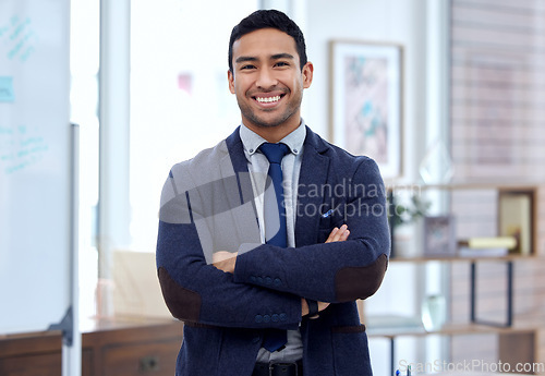 Image of Happy, arms crossed and portrait of business man in office for corporate, professional and pride. Happiness, smile and entrepreneur with male employee for mission, natural and management
