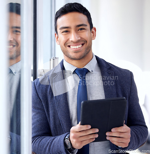 Image of Tablet, portrait and business man with smile for online management, financial software or office planning. Face of corporate worker, accountant or asian person on digital accounting or technology app