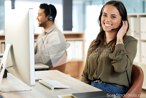 Image of Portrait, telemarketing and woman with customer service, call center and smile with headphones, office and connection. Face, female person and consultant with tech support, help and agent with advice