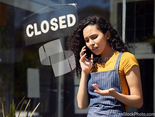 Image of Woman, closed business and sign in window with phone call, stress and bankruptcy with cafe closing. Contact, fail and problem, female owner of restaurant with financial crisis and communication