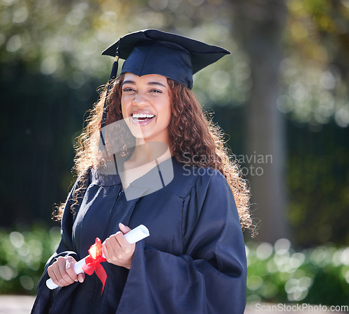 Image of Graduation, education and portrait of woman at college with diploma certificate for learning, scholarship and achievement. Study, smile and university with student on campus for success and event