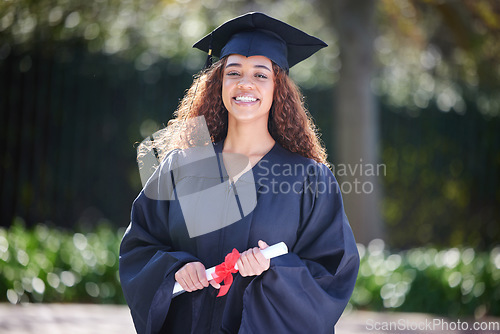 Image of Graduation, happy and portrait of woman at college with diploma certificate for learning, scholarship or achievement. Study, goal and university with student on campus for success, education or event