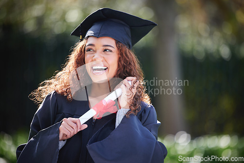 Image of Graduation, diploma and happy with woman at college with certificate for learning, scholarship and future. Study, goal and university with female student on campus for success, education and event