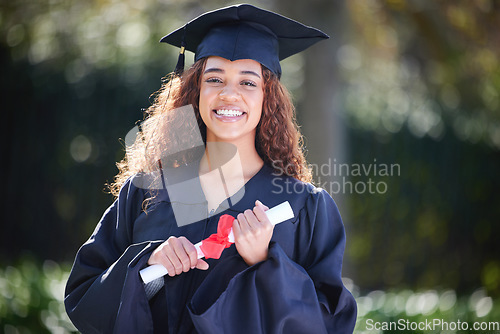 Image of Graduation, smile and portrait of woman at college with diploma certificate for learning, scholarship or achievement. Study, goal and university with student on campus for success, education or event