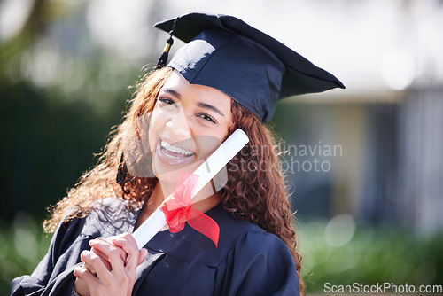 Image of Graduation, diploma and portrait of woman at college with certificate for learning, scholarship and future. Study, goal and university with female student on campus for success, education and event