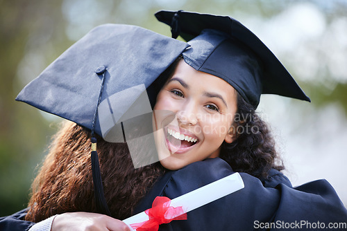 Image of Happy, portrait of friends hugging and on graduation day at college campus outside. Celebration or success, achievement or education and excited students hug together at university outdoors.