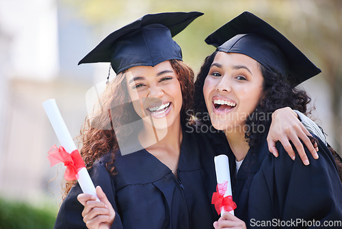 Image of Graduation, diploma and portrait of friends at college with certificate for learning, scholarship and achievement. Study, hug and university with women on campus for success and education event