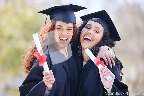 Image of Graduation, learning and portrait of friends at college with diploma certificate for education, scholarship and achievement. Study, hug and university with women on campus for success and event