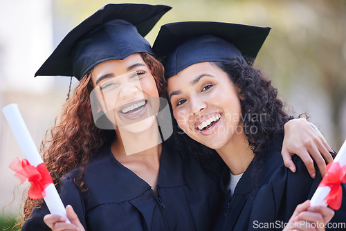 Image of Graduation, hug and portrait of friends at college with diploma certificate for learning, scholarship and achievement. Study, education and university with students on campus for success and event