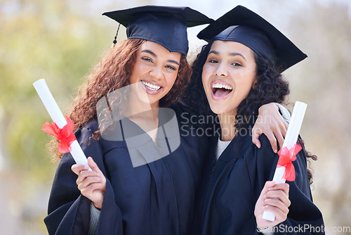 Image of Graduation, education and portrait of friends at college with diploma certificate for learning, scholarship and achievement. Study, hug and university with students on campus for success and event