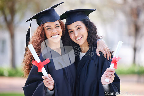 Image of Women friends, portrait and graduation certificate with smile, celebration and solidarity for success at college. University students, girl and hug with diploma, pride and excited for future at event
