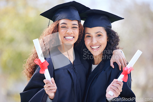 Image of Graduation, university and portrait of friends at college with diploma certificate for learning, scholarship and achievement. Study, hug and education with women on campus for success and event